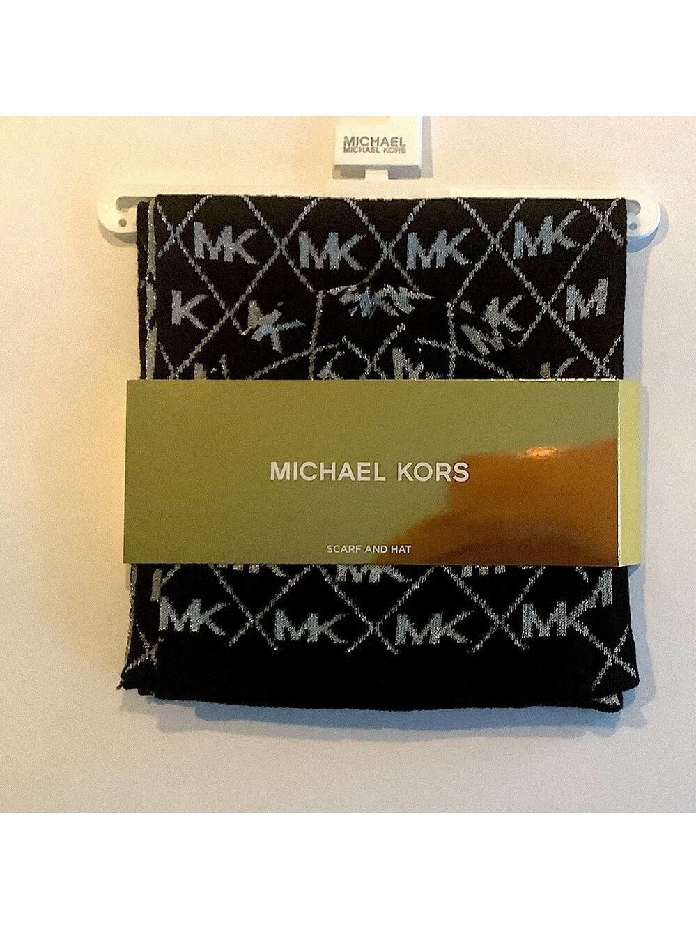 Michael Kors Scarf & Hat Set Metallic Logo Black Silver New